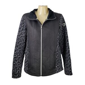 Luhta‎ Full Zip Jacket Womens L Black Gray Wool Blend Quilted Fleece Lined Mock